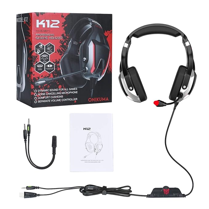 ONIKUMA K12 Stereo Gaming Headset with Mic, Controls and LED Light for PC, PS4, Xbox and Mobiles - Red