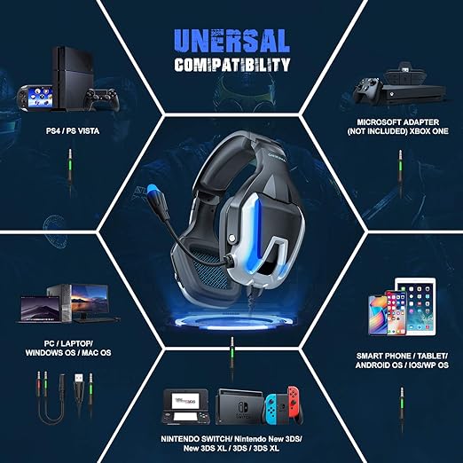 ONIKUMA K12 Stereo Gaming Headset with Mic, Controls and LED Light for PC, PS4, Xbox and Mobiles - Blue