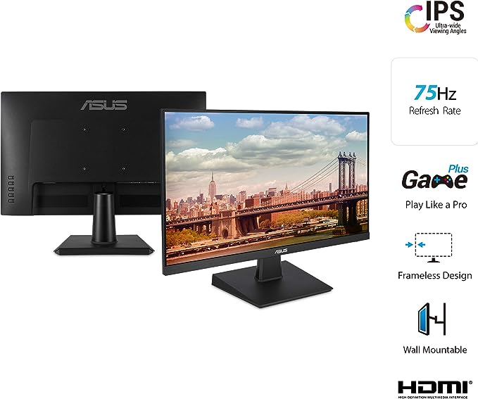 ASUS VA24EHE Eye Care Monitor – 24 inch (23.8 inch viewable), Full HD, IPS, Frameless
, 75Hz, Adaptive-Sync/FreeSync™, Low Blue Light, Flicker Free, Wall Mountable