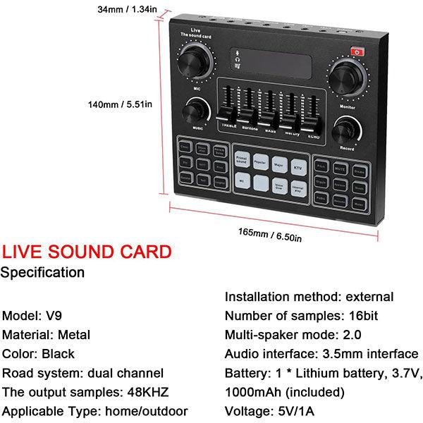 V9-Live Sound Card, USB External V9 Karaoke Recording Mobile Audio Mixer With Bluetooth