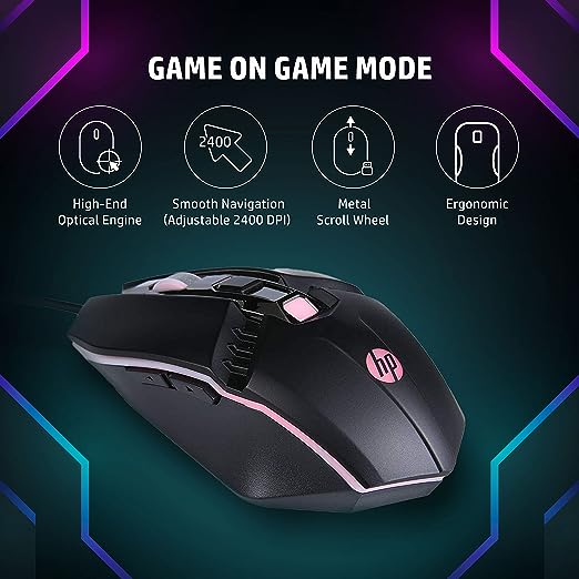 HP M270 Backlit USB Wired Gaming Mouse with 6 Buttons, 4-Speed Customizable 2400 DPI, Ergonomic Design, Breathing LED Lighting, Metal Scroll Wheel, Black