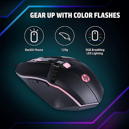 HP M270 Backlit USB Wired Gaming Mouse with 6 Buttons, 4-Speed Customizable 2400 DPI, Ergonomic Design, Breathing LED Lighting, Metal Scroll Wheel, Black