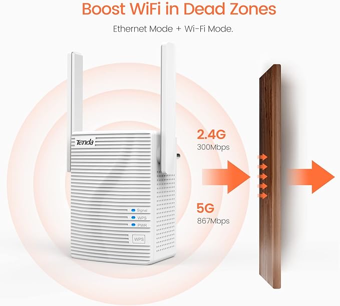 Tenda A18 AC1200 Dual Band Universal WiFi Repeater, Broadband/Wi-Fi Extender, Wi-Fi Booster/Hotspot, with 1 Ethernet Port, works with all broadband providers, UK Plug