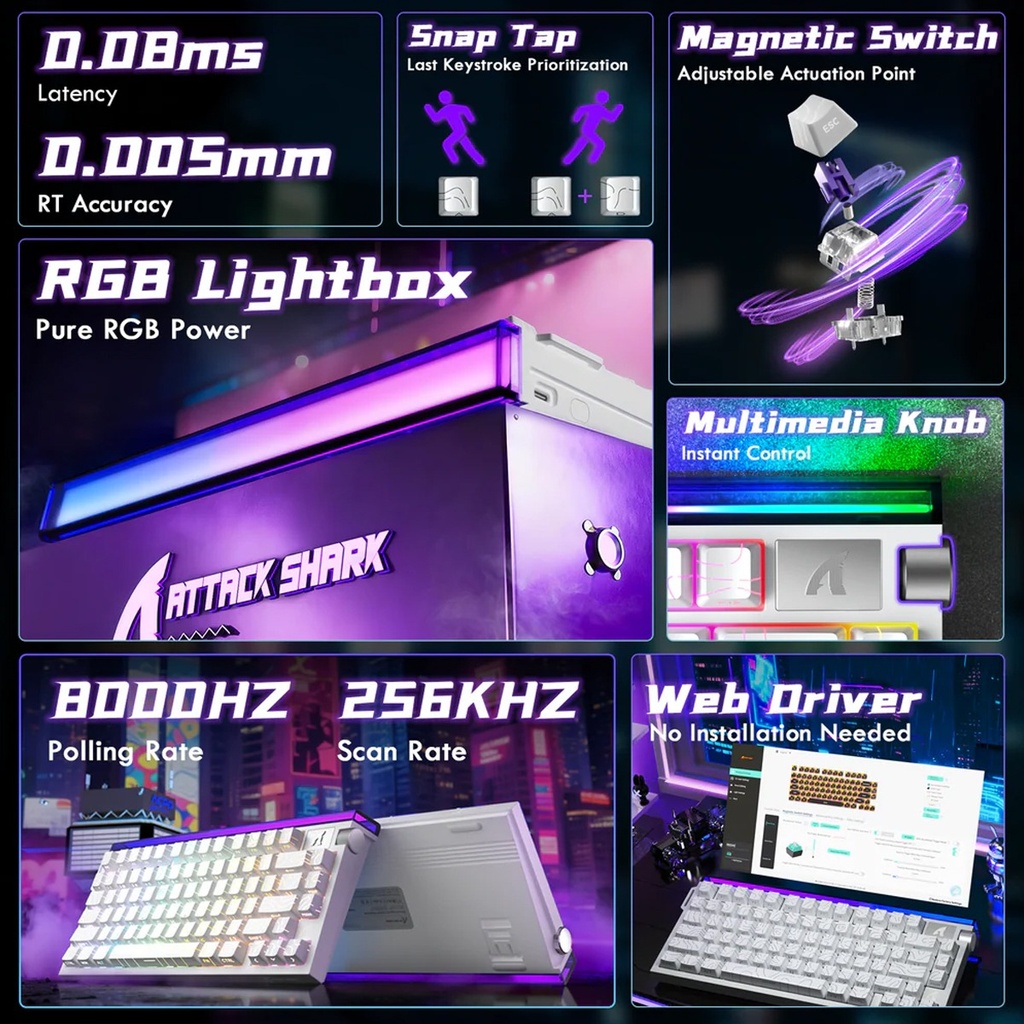 Attack Shark R85 HE Wired Magnetic Swtich mechanical Keyboard 8000hz Polling Rate, 0.005mm RT Purple Mandrel Switch - White Contour