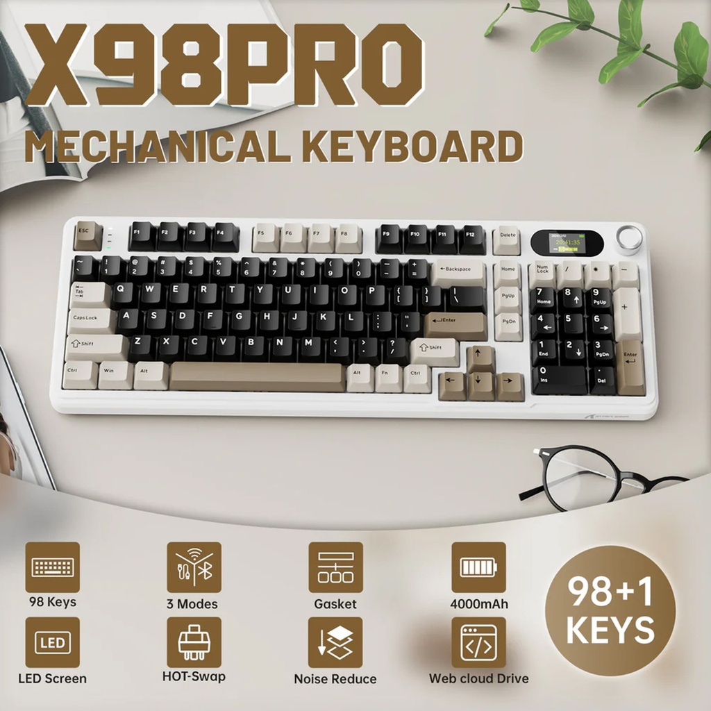 ATTACK SHARK X98PRO Tri-Mode 2.4G Wireless/Bluetooth 99% Wireless Mechanical Gaming Keyboard with 1.5" LED Matrix Screen - Cheese White