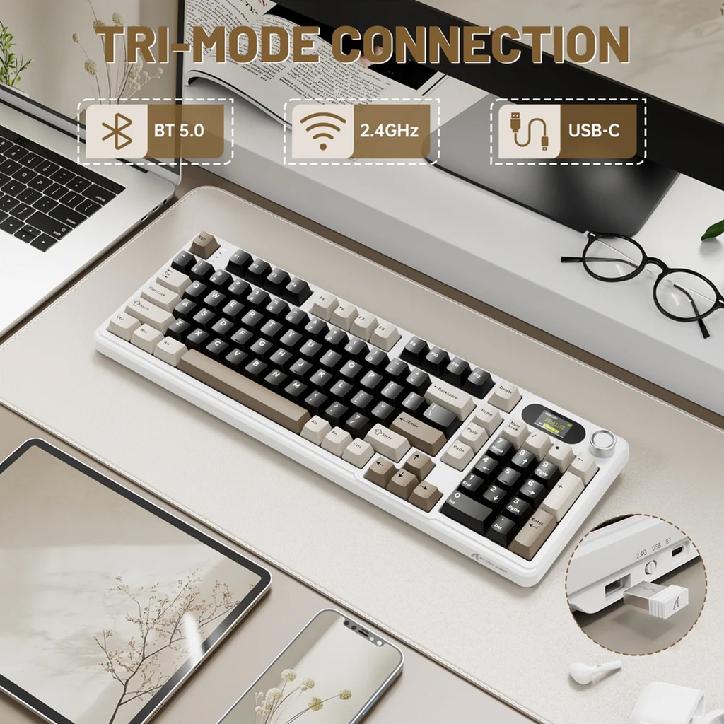 ATTACK SHARK X98PRO Tri-Mode 2.4G Wireless/Bluetooth 99% Wireless Mechanical Gaming Keyboard with 1.5" LED Matrix Screen - Cheese White