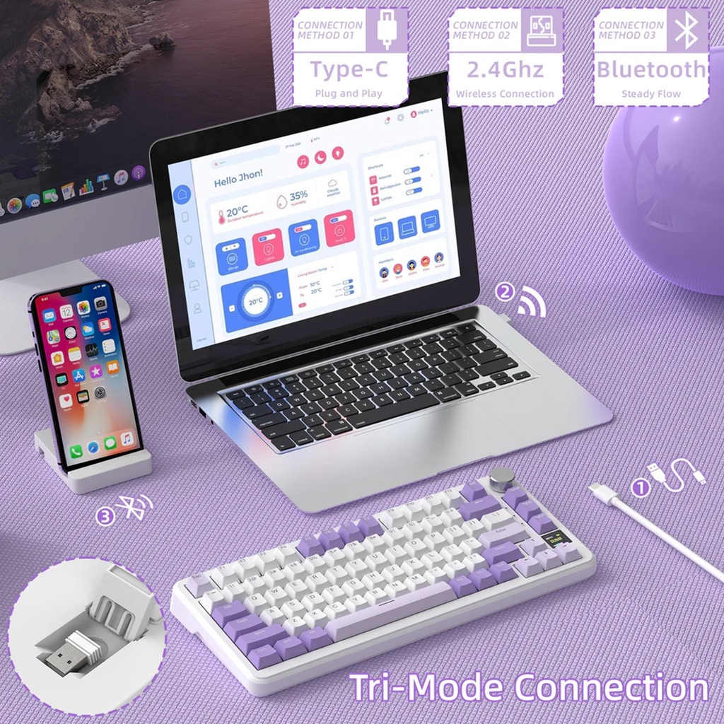 ATTACK SHARK X85Pro 75% Tri-Mode Gasket Mechanical Keyboard Blueberry Switch Linear - Lavender