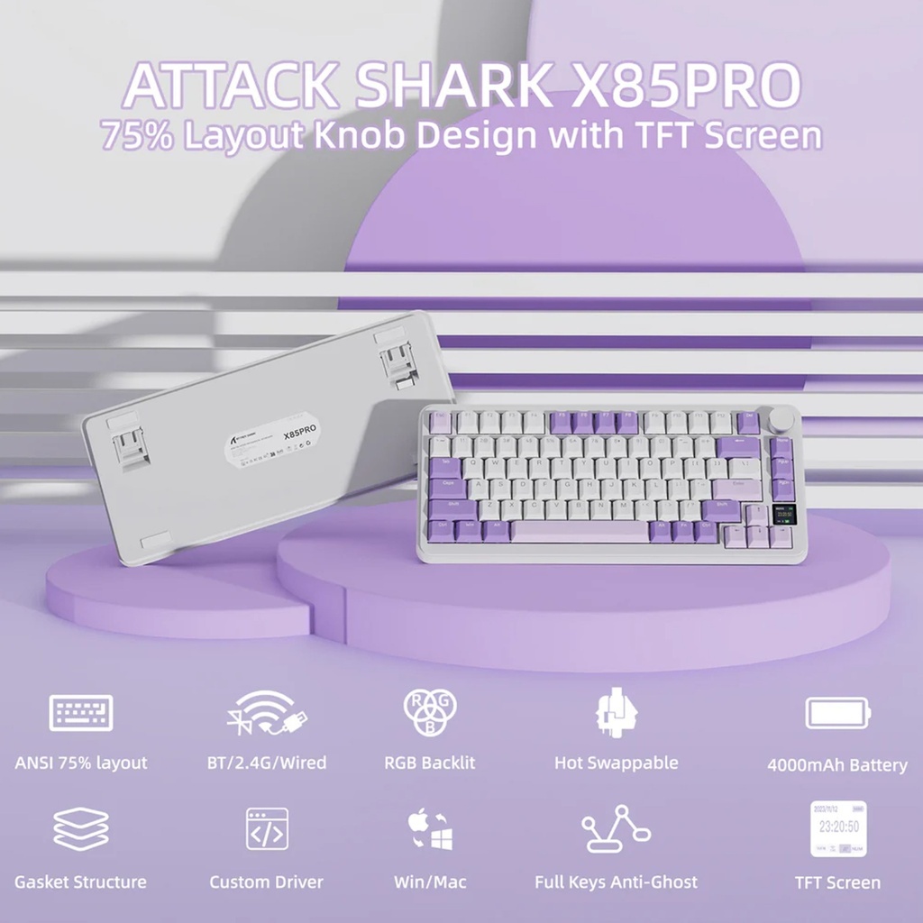 ATTACK SHARK X85Pro 75% Tri-Mode Gasket Mechanical Keyboard Blueberry Switch Linear - Lavender