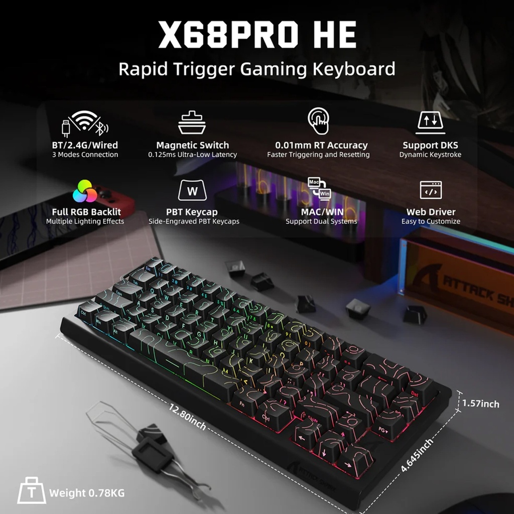 Attack Shark X68 HE Wired+2.4G & BT Tri-Mode Switch Mechanical Keyboard 8000Hz Polling Rate 0.01mm RT - Black Contour