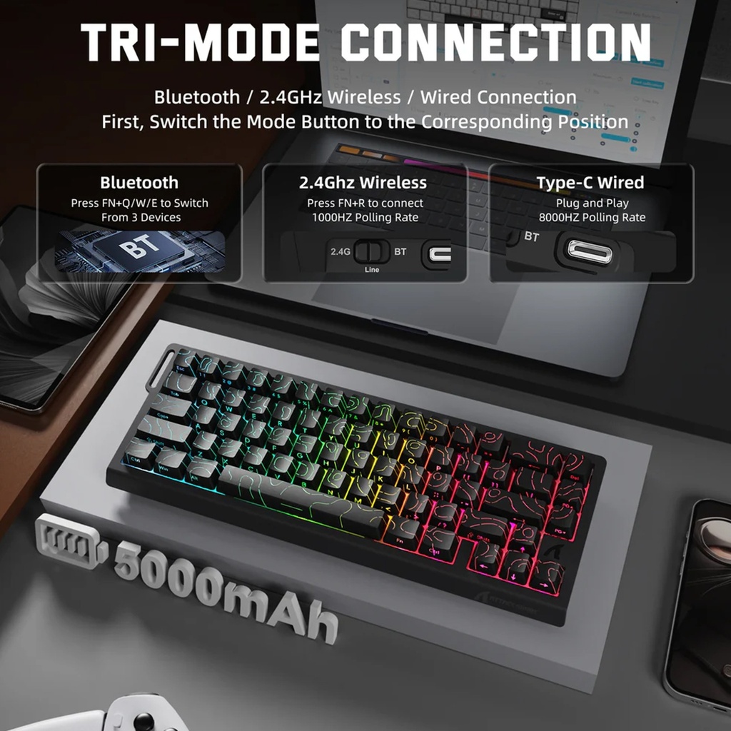 Attack Shark X68 HE Wired+2.4G & BT Tri-Mode Switch Mechanical Keyboard 8000Hz Polling Rate 0.01mm RT - Black Contour