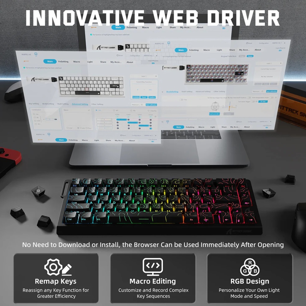 Attack Shark X68 HE Wired+2.4G & BT Tri-Mode Switch Mechanical Keyboard 8000Hz Polling Rate 0.01mm RT - Black Contour