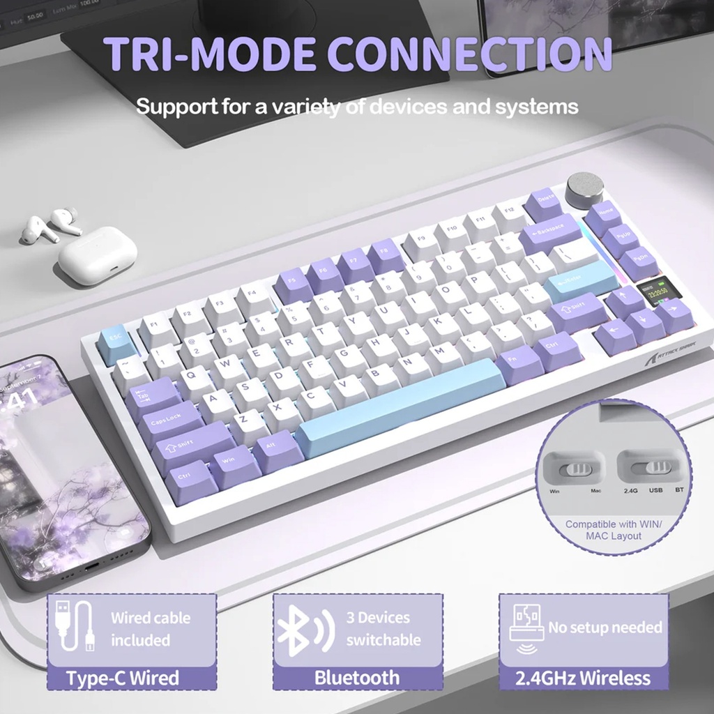 Attack Shark X820 Ultra RGB Tri-Mode Mechanical Keyboard - StarLight White + Shark Fish Switch