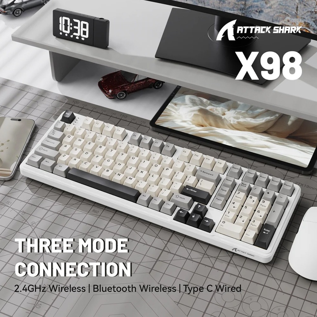 Attack Shark X98 Wired+2.4G & BT Tri-Mode Switch RGB Keyboard - Star White + StrawBerry Switch