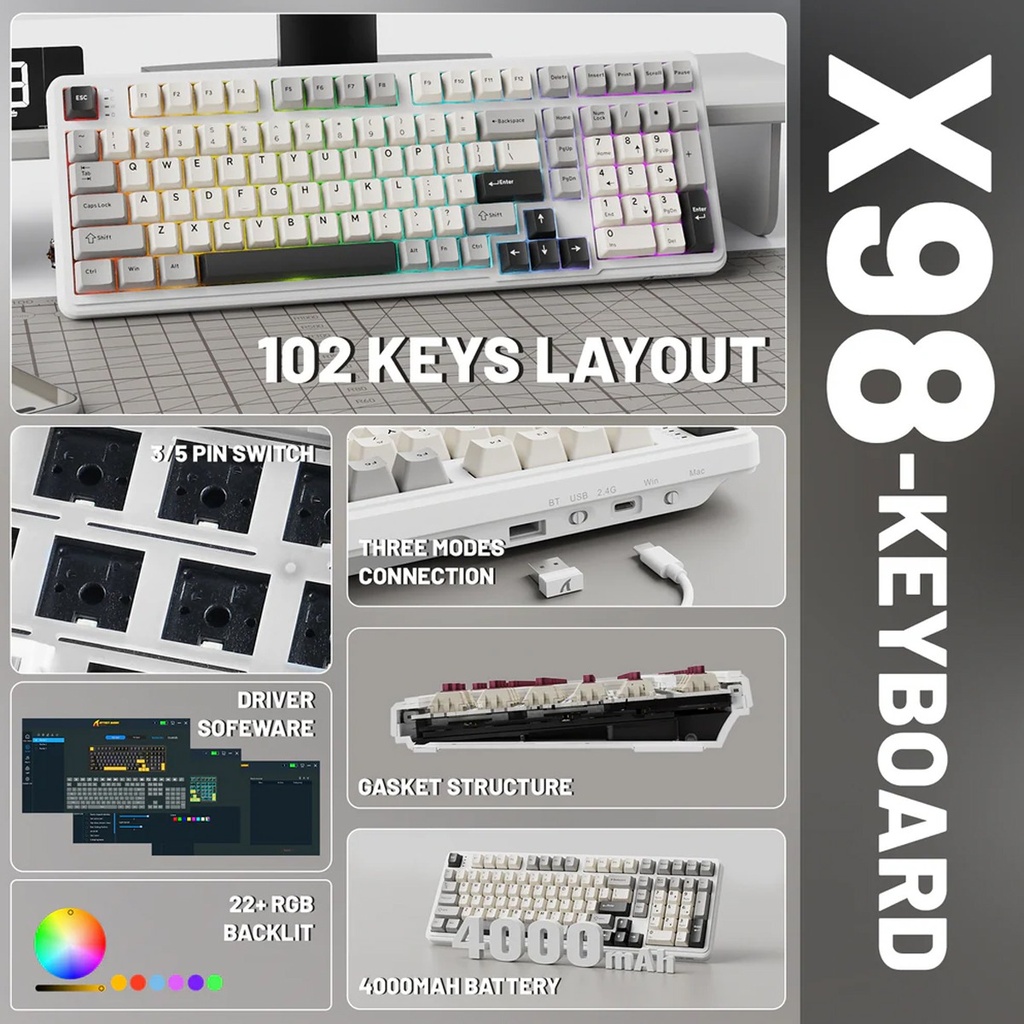 Attack Shark X98 Wired+2.4G & BT Tri-Mode Switch RGB Keyboard - Star White + StrawBerry Switch