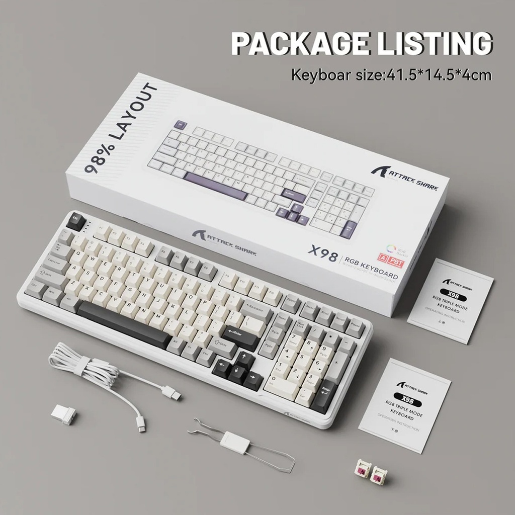 Attack Shark X98 Wired+2.4G & BT Tri-Mode Switch RGB Keyboard - Star White + StrawBerry Switch