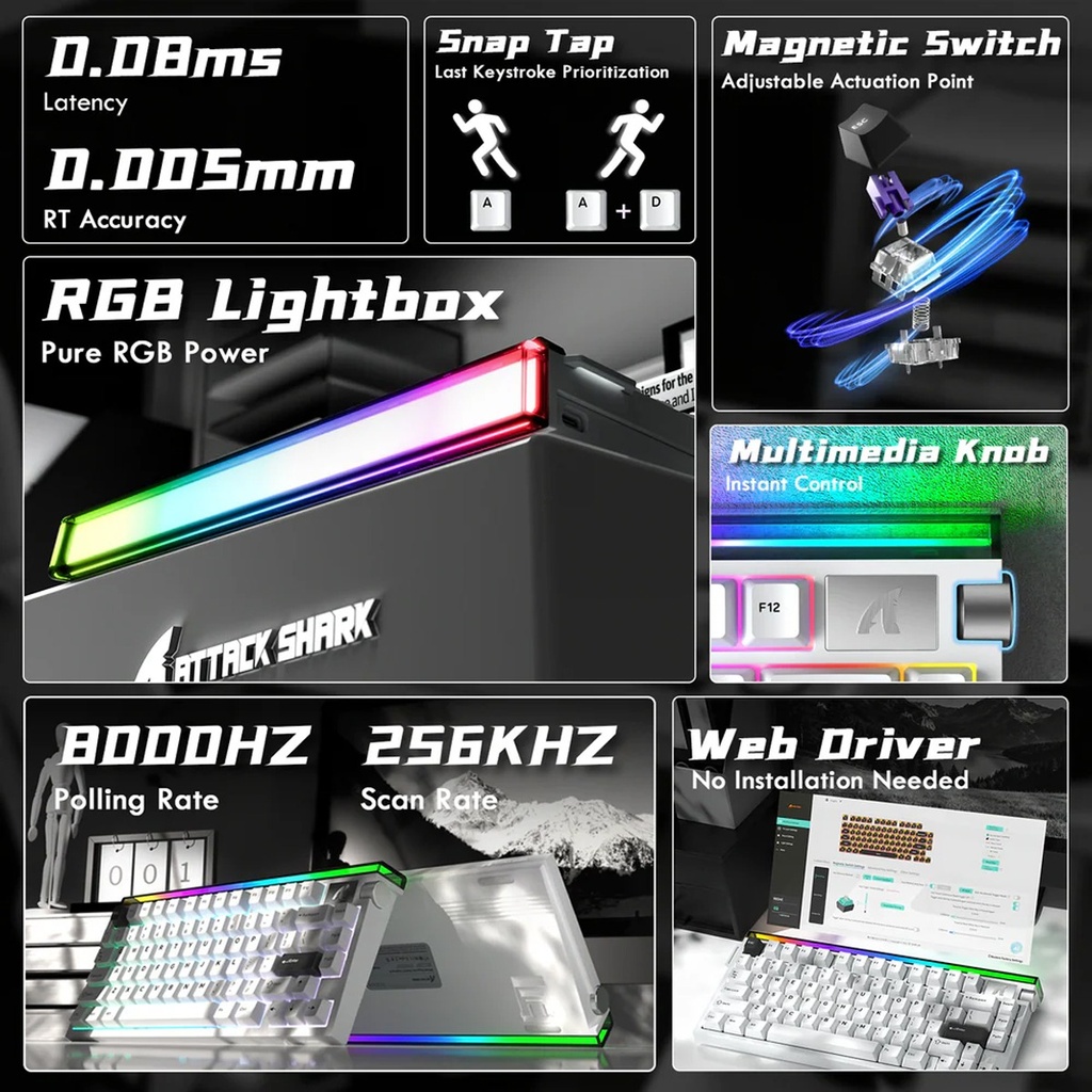 Attack Shark R85 HE Wired Magnetic Swtich mechanical Keyboard 8000hz Polling Rate, 0.005mm RT Purple Mandrel Switch - Star Light White