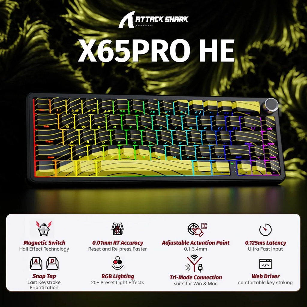 Attack Shark X65 Pro HE Magnetic Switch Keyboard Wired 8k Return Rate/Wireless 1K Return Rate - Black/Yellow Contour Lines