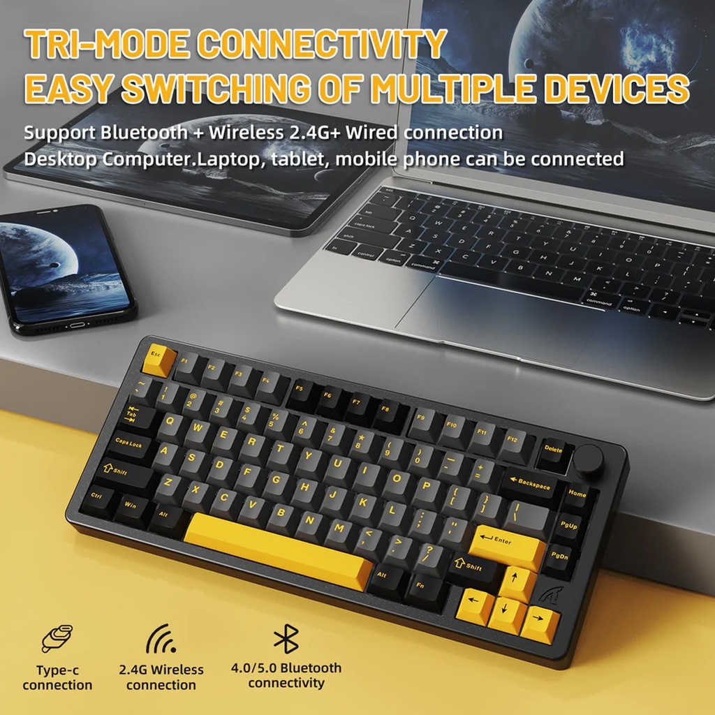 ATTACK SHARK X86 Wired+2.4G & BT Tri-Mode Switch 81Key Aluminium Metal Knob, Ultra-Low Latency - Star Black-Green Tea Switch