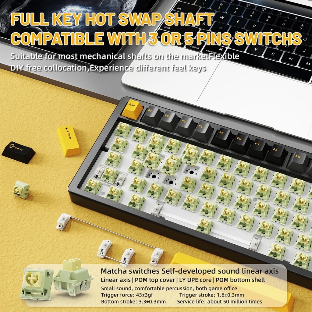 ATTACK SHARK X86 Wired+2.4G & BT Tri-Mode Switch 81Key Aluminium Metal Knob, Ultra-Low Latency - Star Black-Green Tea Switch