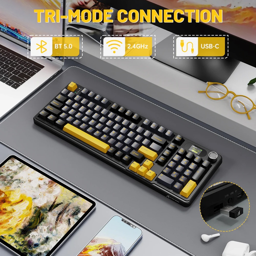 ATTACK SHARK X98PRO Tri-Mode (USB-C/2.4G Wireless/Bluetooth) 99% Wireless Mechanical Gaming Keyboard with 1.5" LED Matrix Screen & Knob