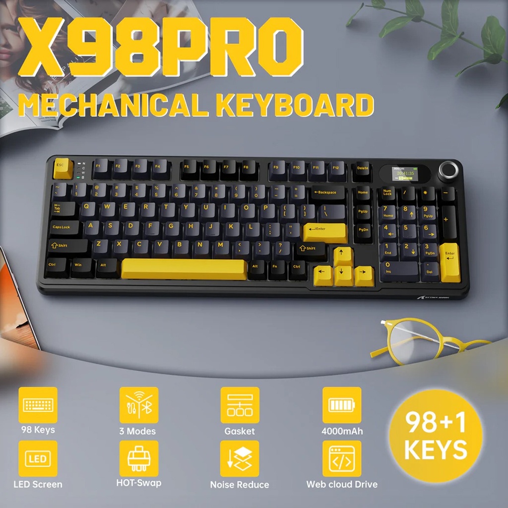 ATTACK SHARK X98PRO Tri-Mode (USB-C/2.4G Wireless/Bluetooth) 99% Wireless Mechanical Gaming Keyboard with 1.5" LED Matrix Screen & Knob