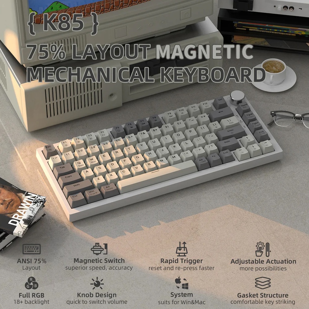 ATTACK SHARK K85 Magnetic Switch Mechanical Keyboard, 82 Keys Layout, PBT Colour-Coded Keycaps, RGB Cool Light Effect - Business Grey