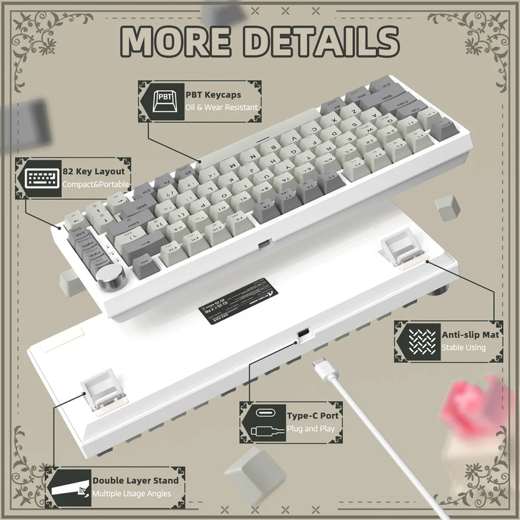 ATTACK SHARK K85 Magnetic Switch Mechanical Keyboard, 82 Keys Layout, PBT Colour-Coded Keycaps, RGB Cool Light Effect - Business Grey