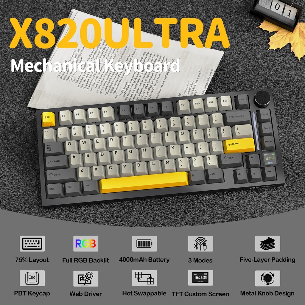 ATTACK SHARK X820Ultra 80 Keys RGB Tri-Mode Mechanical Keyboard PBT KeyCap, Hot Swappable Design, Starry Black Shark Switch