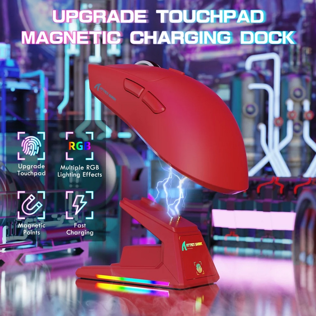 Attach Shark X1 PAW3395 Pro Wired+2.4G & BT Connections 50-40000DPI, 100 Million Times Switch with RGB Charging Dock - Red