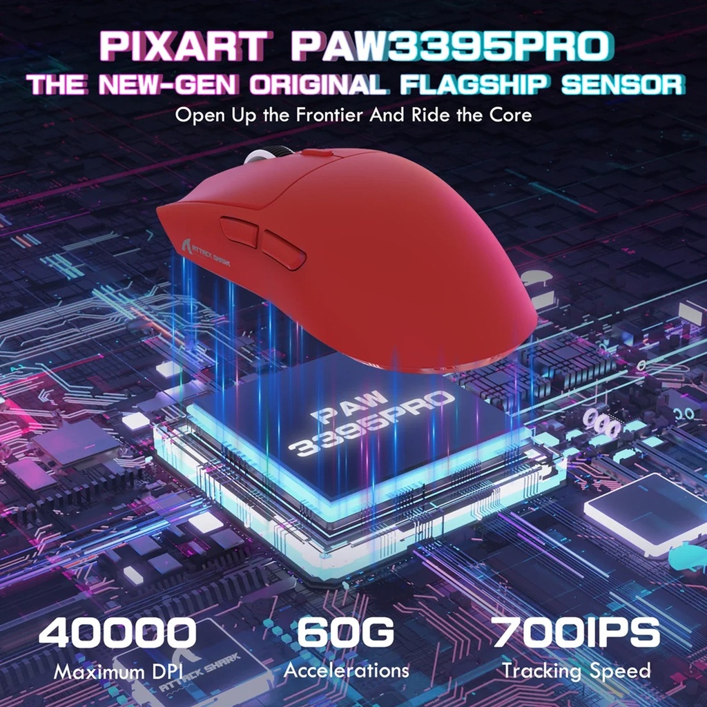 Attach Shark X1 PAW3395 Pro Wired+2.4G & BT Connections 50-40000DPI, 100 Million Times Switch with RGB Charging Dock - Red