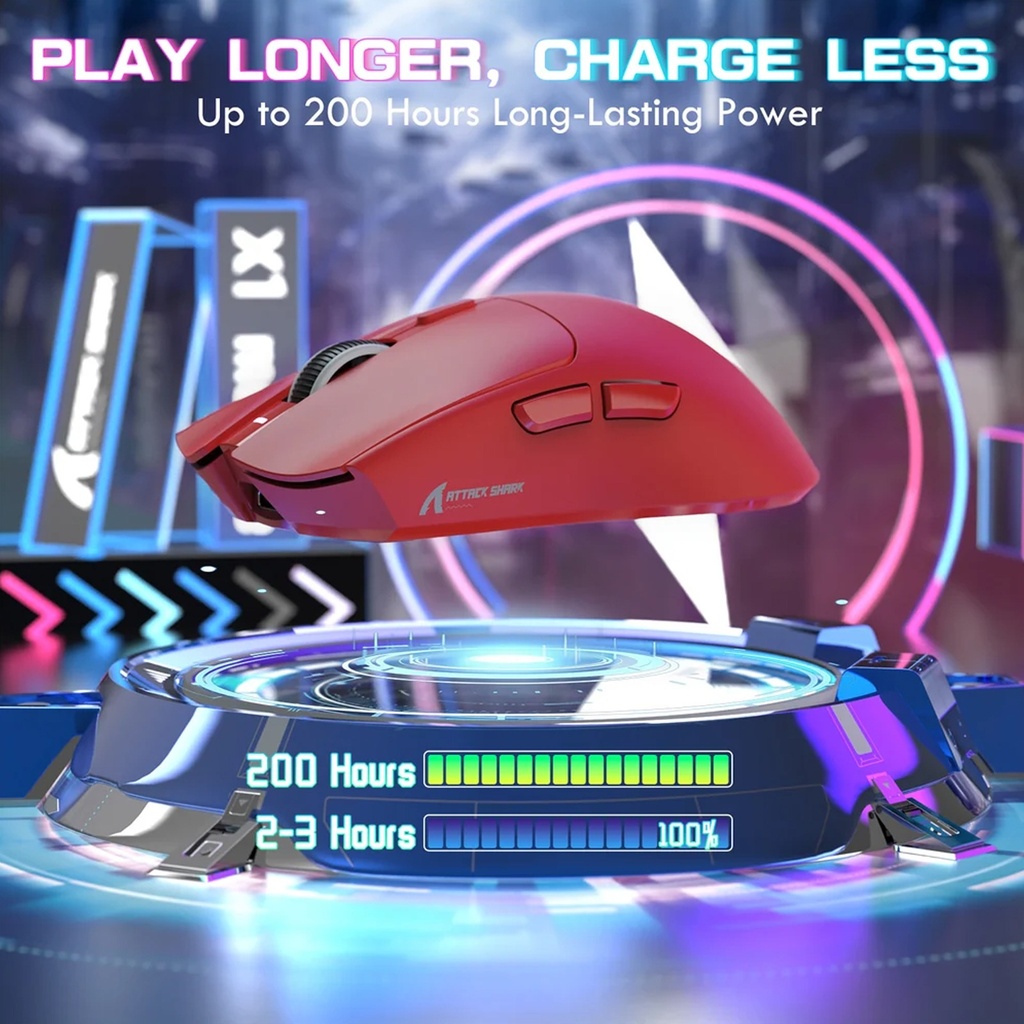 Attach Shark X1 PAW3395 Pro Wired+2.4G & BT Connections 50-40000DPI, 100 Million Times Switch with RGB Charging Dock - Red