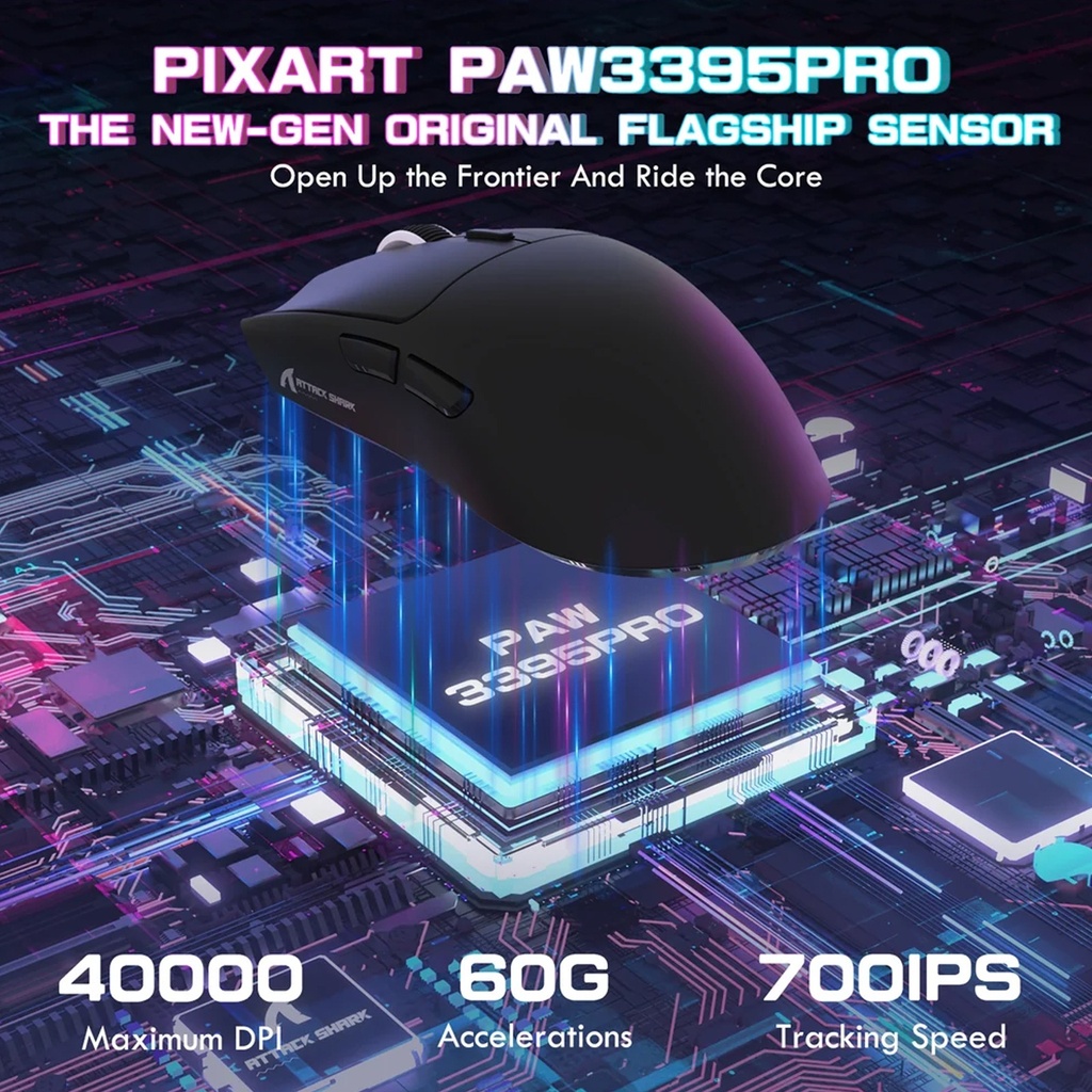 Attach Shark X1 PAW3395 Pro Wired+2.4G & BT Connections 50-40000DPI, 100 Million Times Switch with RGB Charging Dock - Black