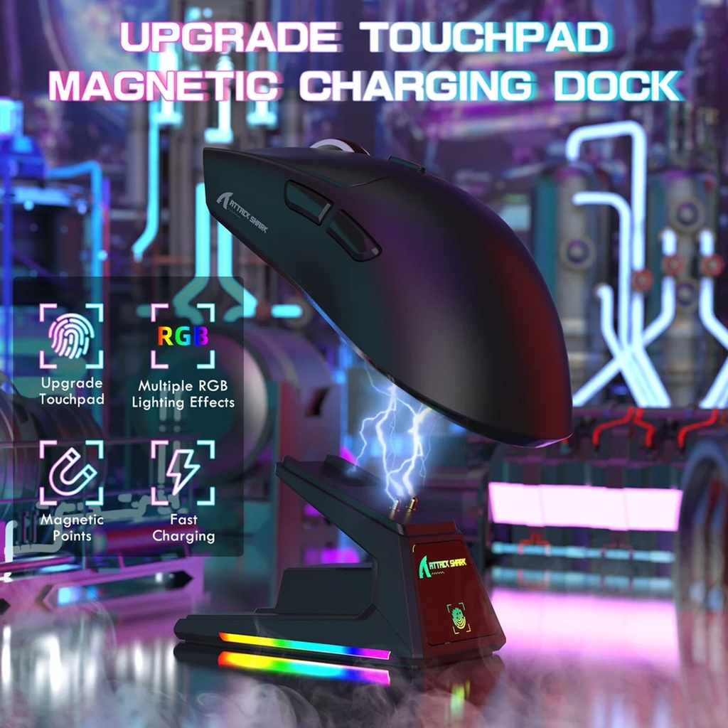 Attach Shark X1 PAW3395 Pro Wired+2.4G & BT Connections 50-40000DPI, 100 Million Times Switch with RGB Charging Dock - Black