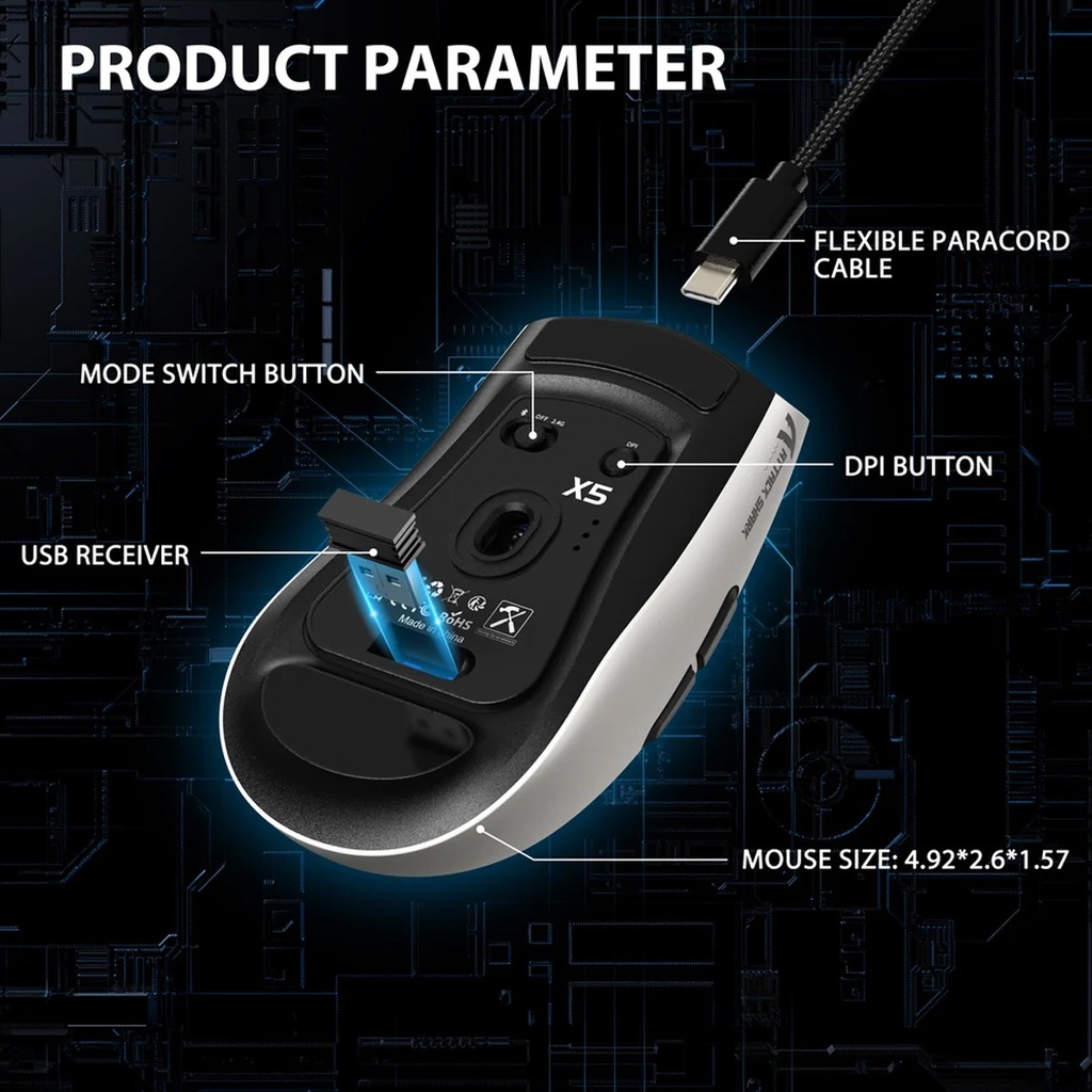 Attack Shark X5 RGB Wired+2.4Gz & BT Connection, Light Weight Design, Ergonomic Design 4000DPI Adustment - Black + White