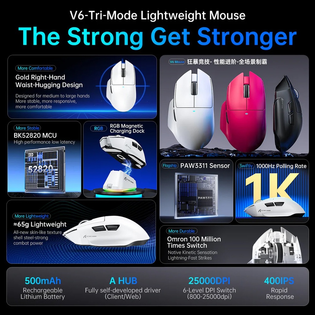 Attack Shark V6 Tri-Mode Connection 800-25000DPI, 1K Polling Rate with Magnetic Charging Dock - Berry Red