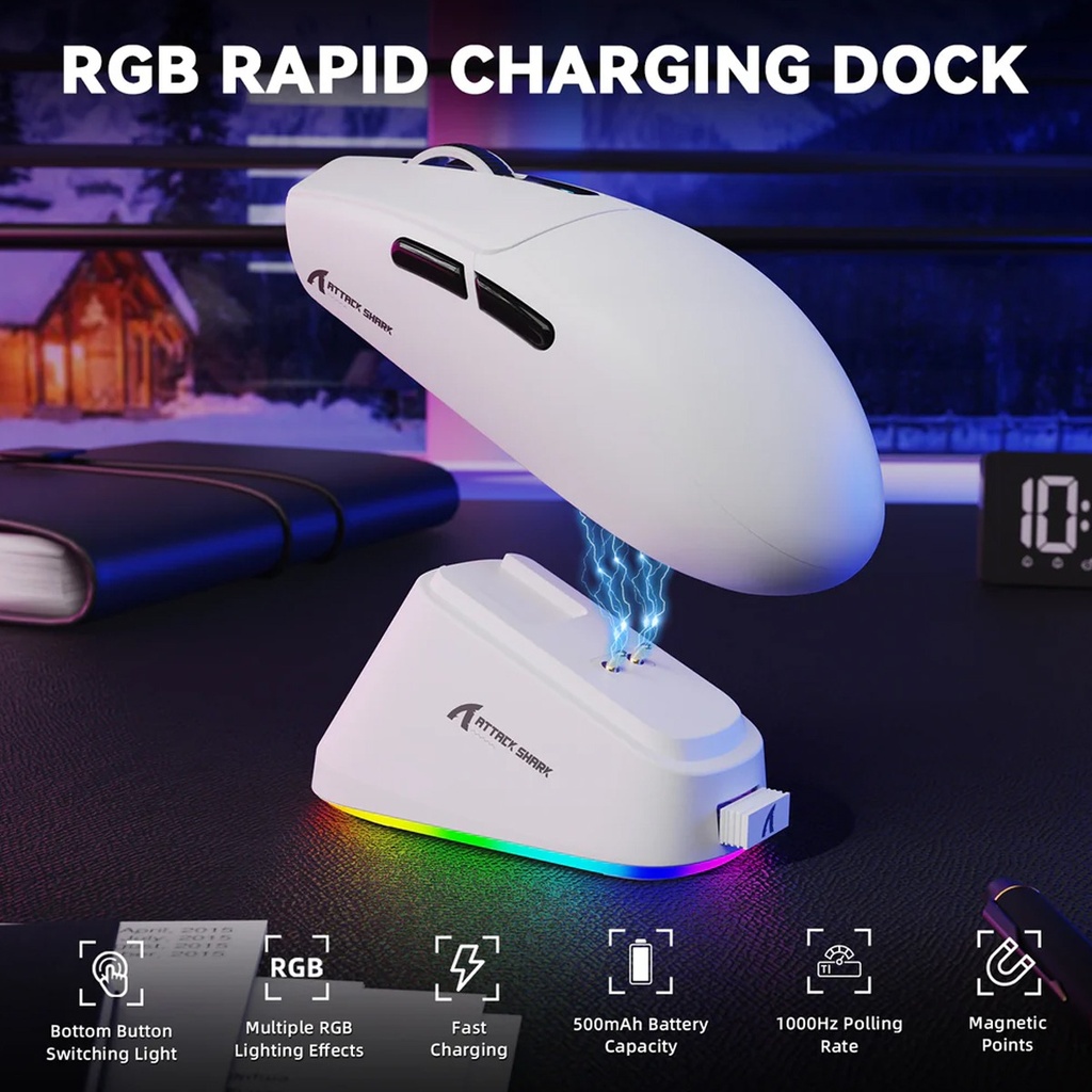 ATTACK SHARK G3PRO Tri-mode Wireless Gaming Mouse with Charge Dock 25000 DPI Ultra Lightweight - White