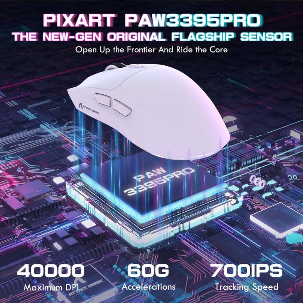 Attach Shark X1 PAW3395 Pro Wired+2.4G & BT Connections 50-40000DPI 100 Million Times Switch with RGB Charging Dock - White