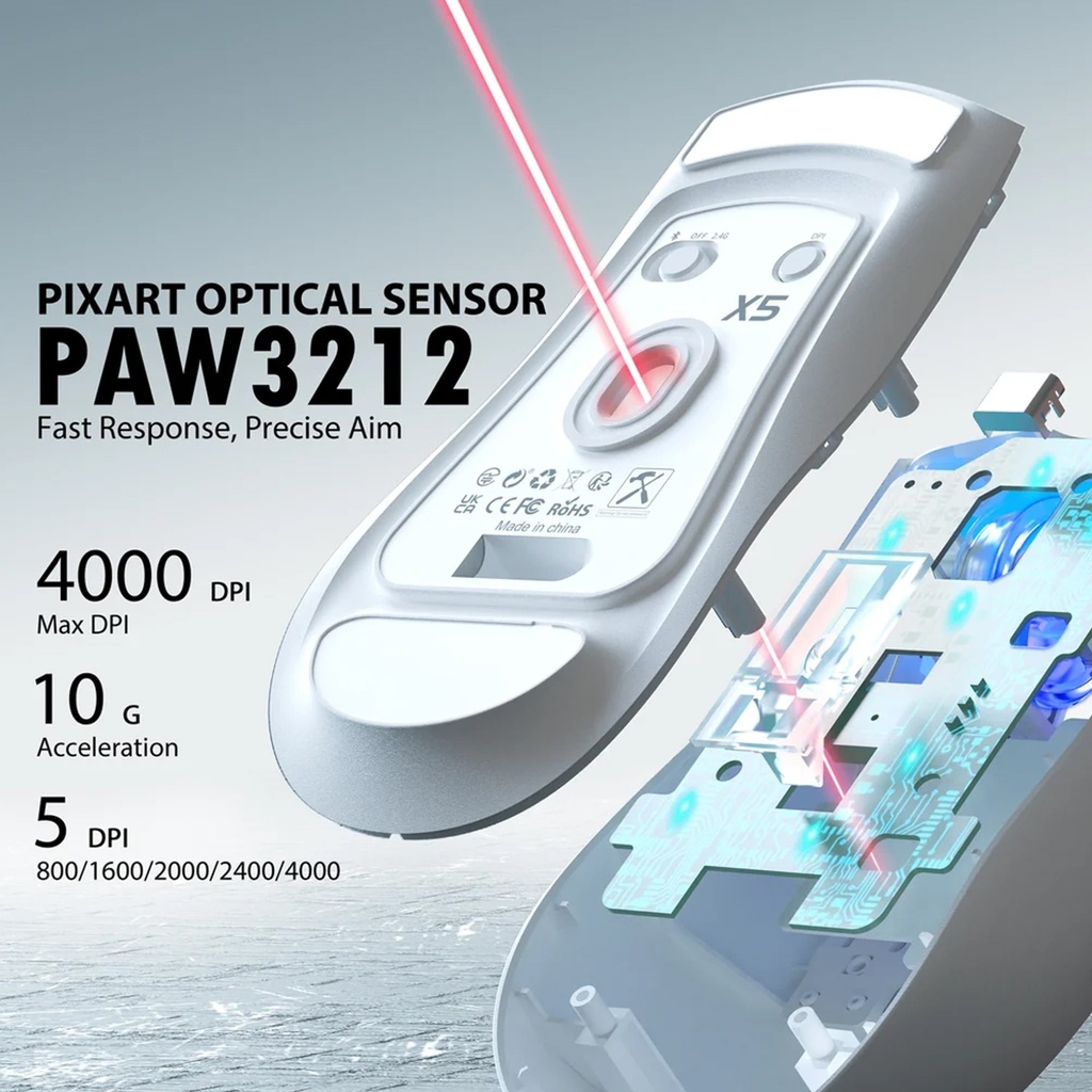 Attack Shark X5 RGB Wired+2.4Gz & BT Connection, Light Weight Design, Ergonomic Design 4000DPI Adustment - White