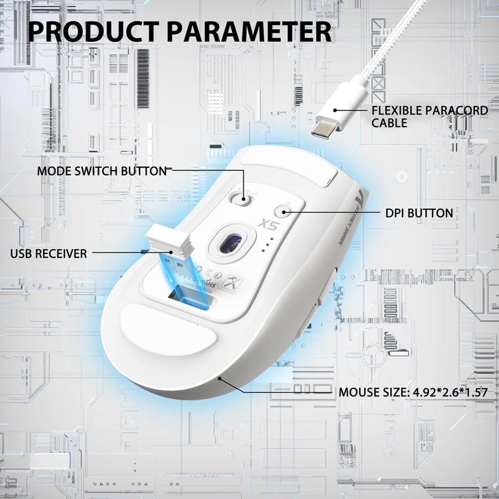 Attack Shark X5 RGB Wired+2.4Gz & BT Connection, Light Weight Design, Ergonomic Design 4000DPI Adustment - White