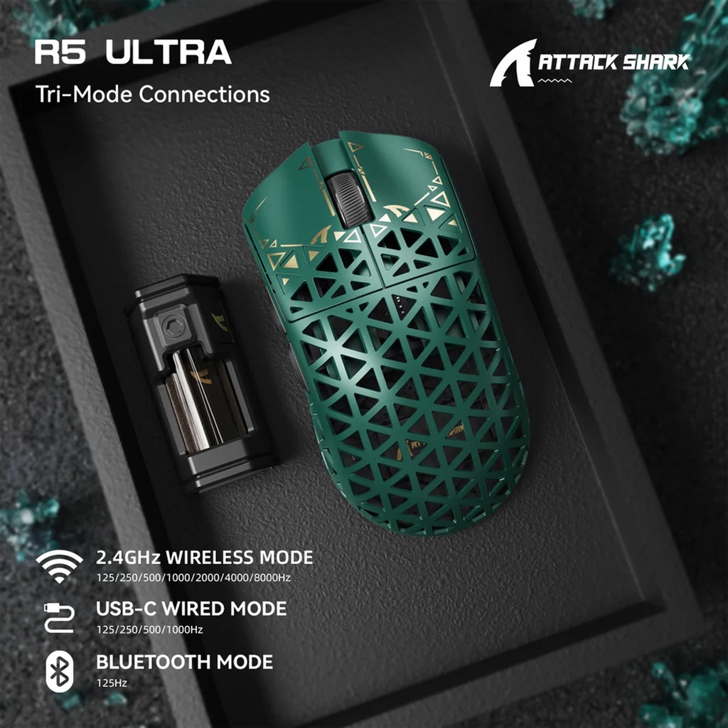 Attack Shark R5 Ultra Carbon Fiber Tri-Mode Wireless (BT/2.4G Wireless/Wired) 8K PAW3950MAX Gaming Mouse - Green