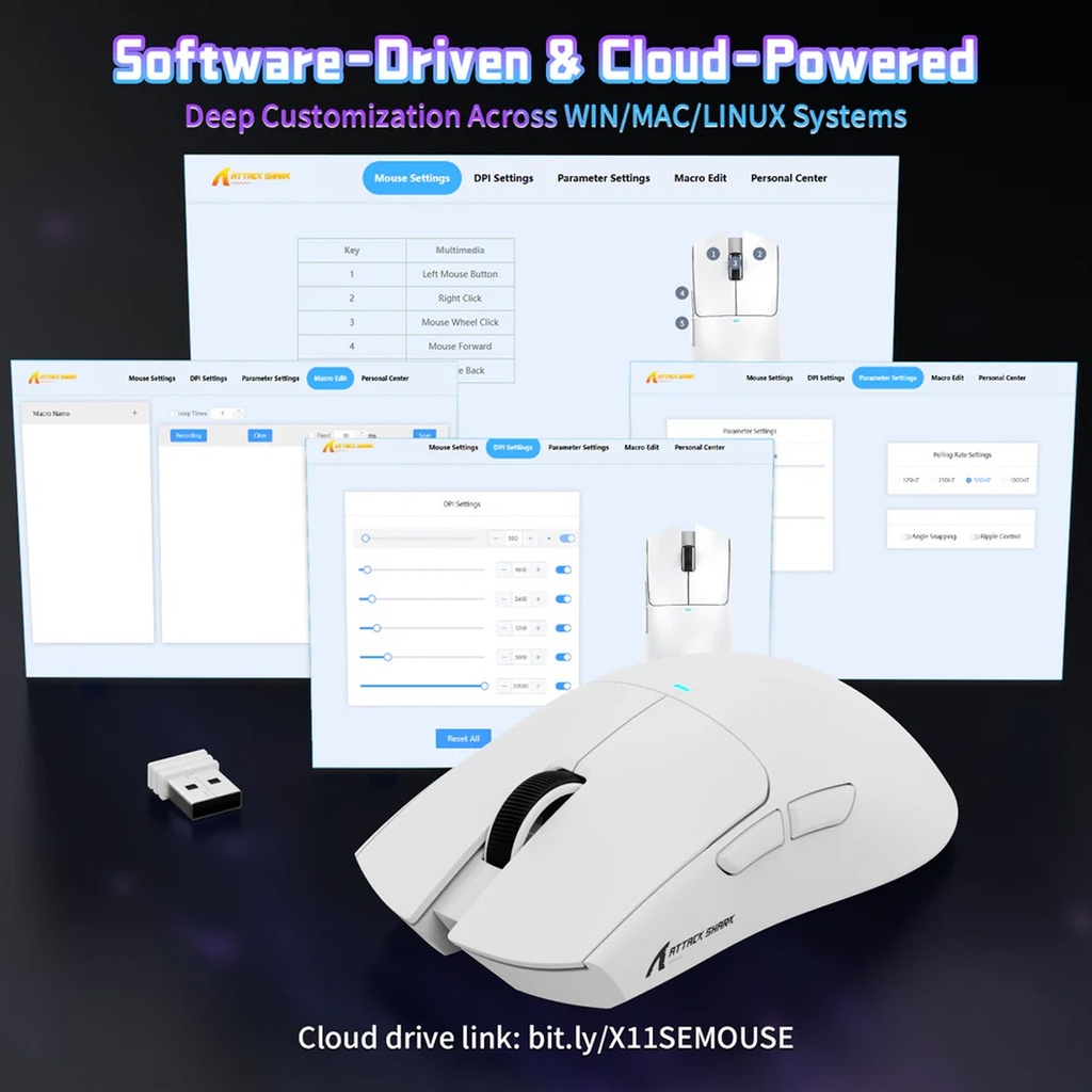 Attack Shark Wired+2.4G & BT 5.2 Connection 800-22000DPI Adjustable - White