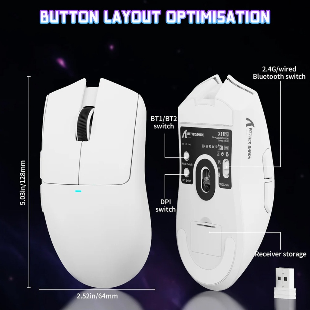 Attack Shark Wired+2.4G & BT 5.2 Connection 800-22000DPI Adjustable - White