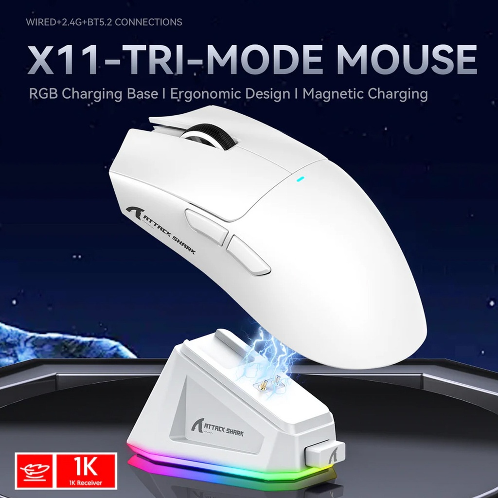 Attack Shark X11 Tri-Mode-Wired/2.4G/B, 22000 DPI, 5 Programmable Buttons With RGB Charging Dock - White