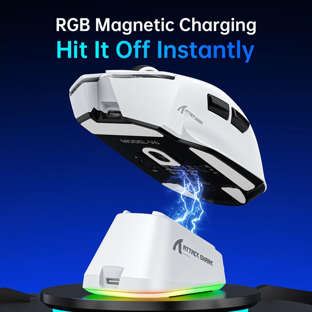 Attack Shark V6 Tri-Mode Connection 800-25000DPI, 1K Polling Rate with Magnetic Charging Dock - White