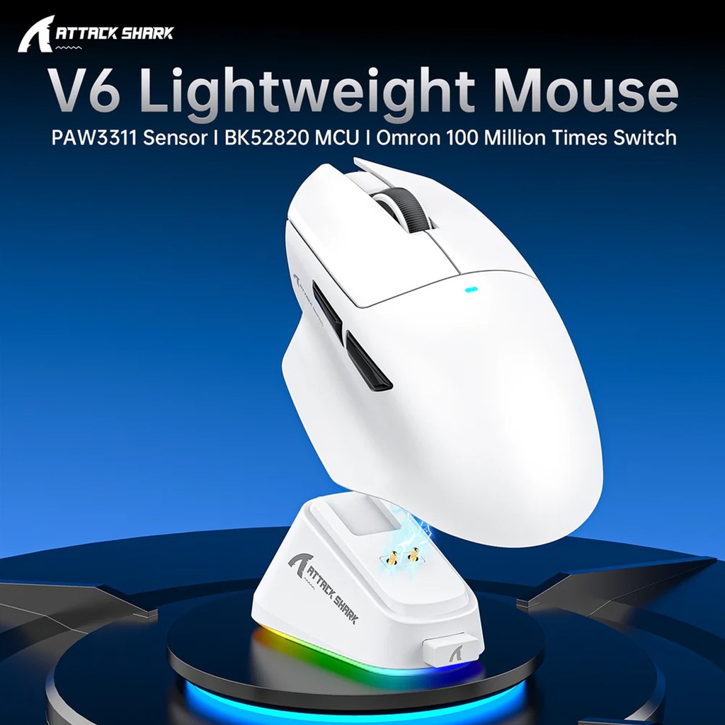 Attack Shark V6 Tri-Mode Connection 800-25000DPI, 1K Polling Rate with Magnetic Charging Dock - White