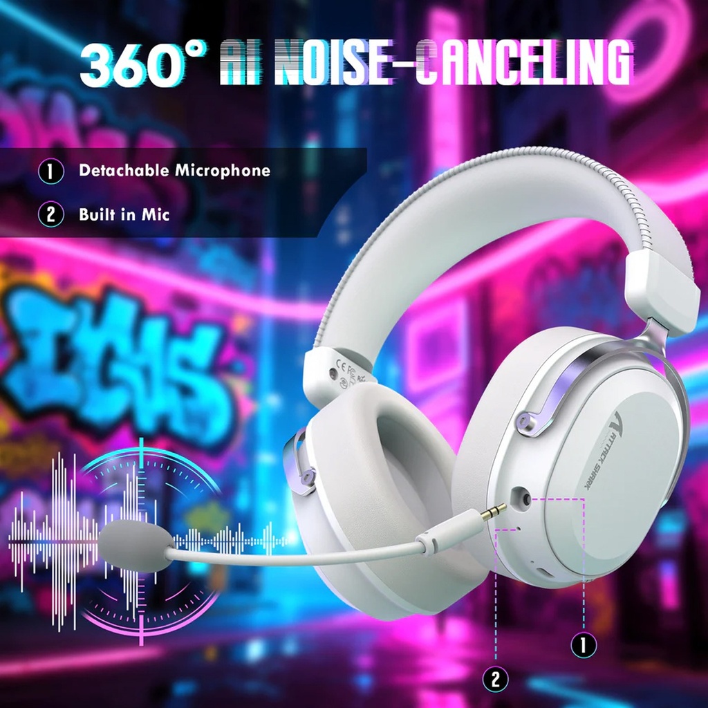 Attack Shark L30 Pro Wired+2.4G & BT Tri-Mode Gaming Headset, Omnidirectional Microphone Wireless Range Upto 10 Meter - White & Silver