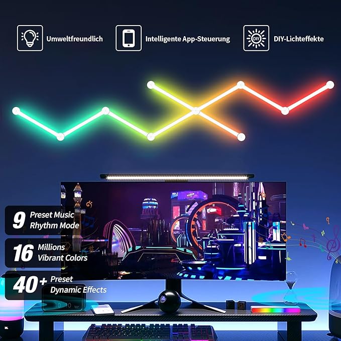 LED Smart Glide Wall Line Light, WiFi RGB LED Wall Light for Gaming Room, 16M+ Colors, Music Sync, Compatible with Alexa and Google Assistant(9 Light Lines,White) 