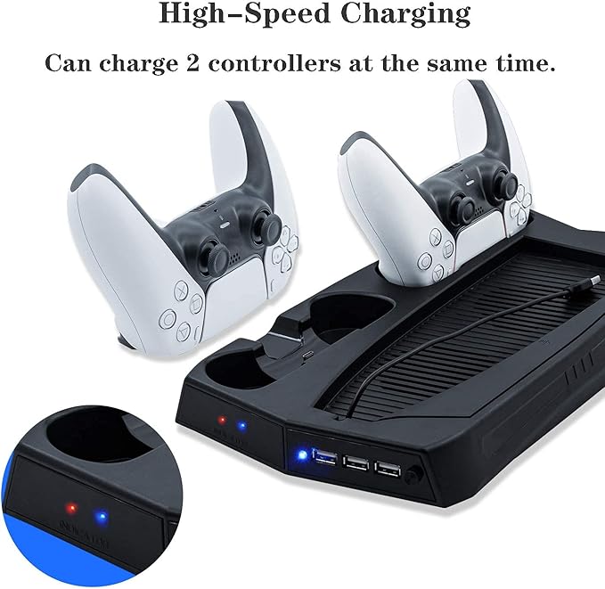 KJH-P5-010-2 PS5 Cooling Fan Station and Dual Controller Charger Station for Playstation 5 PS5 Console, LED Indicator + 16 Game Storage disc Holders, 3 USB Ports (Black) 
