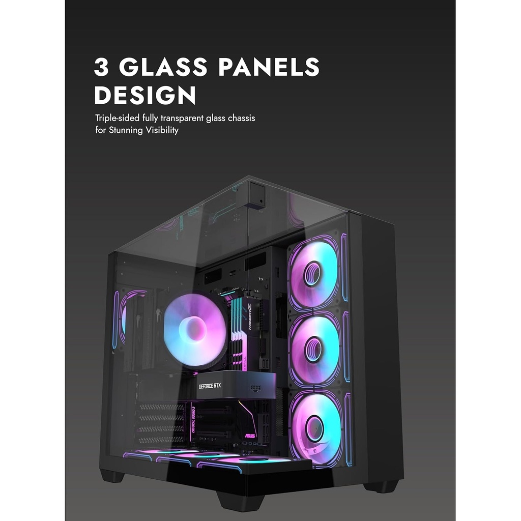 DarkFlash TH285 ATX Mid Tower Front Side & Left Side Tempered Glass Panel Case With RGB 4 Fans - Black
