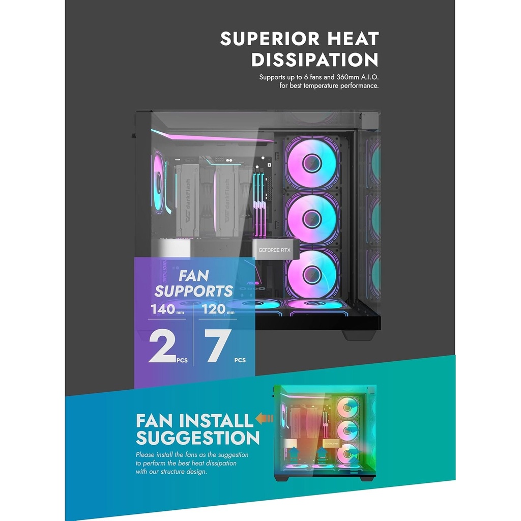 DarkFlash TH285 ATX Mid Tower Front Side & Left Side Tempered Glass Panel Case With RGB 4 Fans - Black